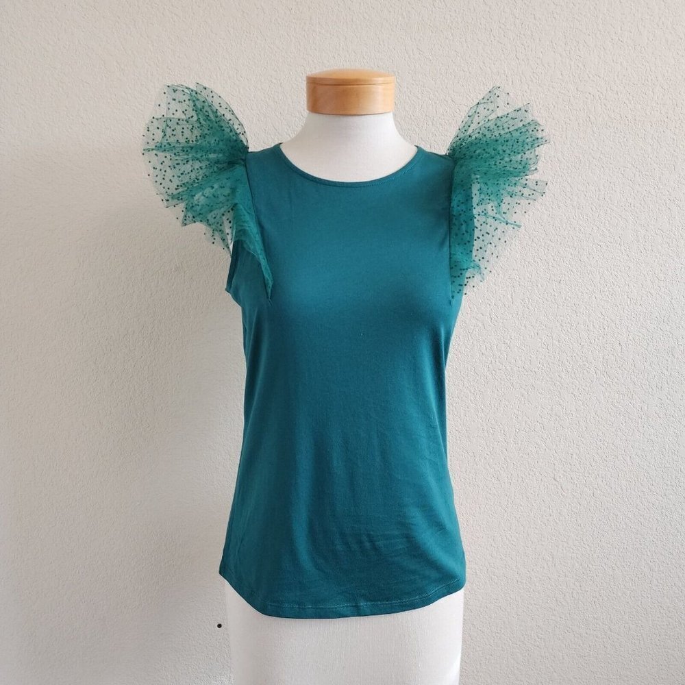 NWT Boden Polka Dot Tulle Statement Shoulder Ruffle Jersey Forest Green US4 - Picture 3 of 11
